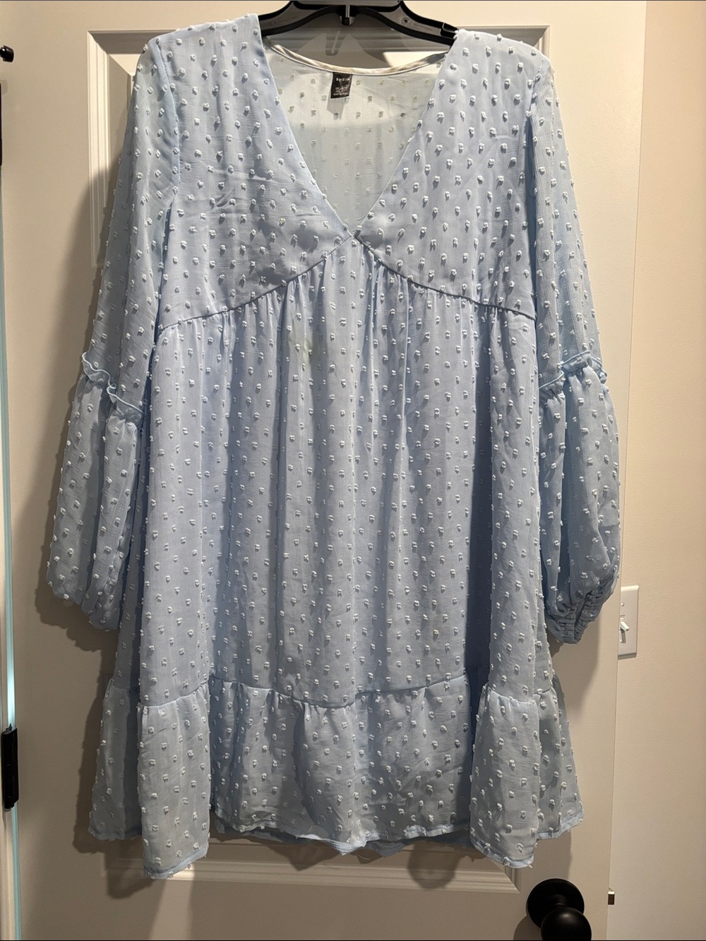 SHEIN Light Blue Swiss Dot V-Neck Babydoll Tunic